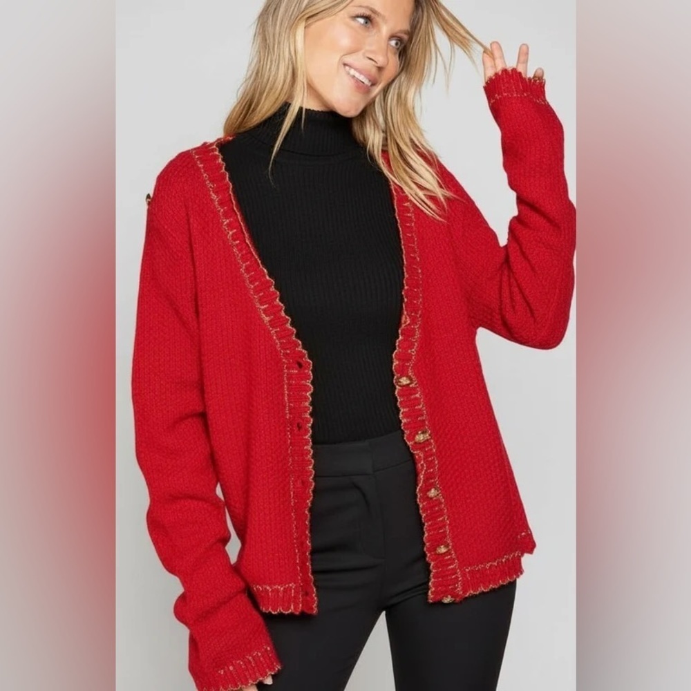 POL Red Button‎ Front Cardigan with Sparkly Gold Trim Size Large